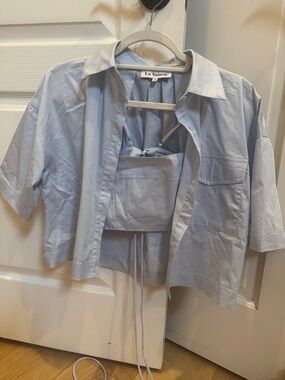 En Saison Pale Blue Cropped Shirt & Tie-Front Cami Set